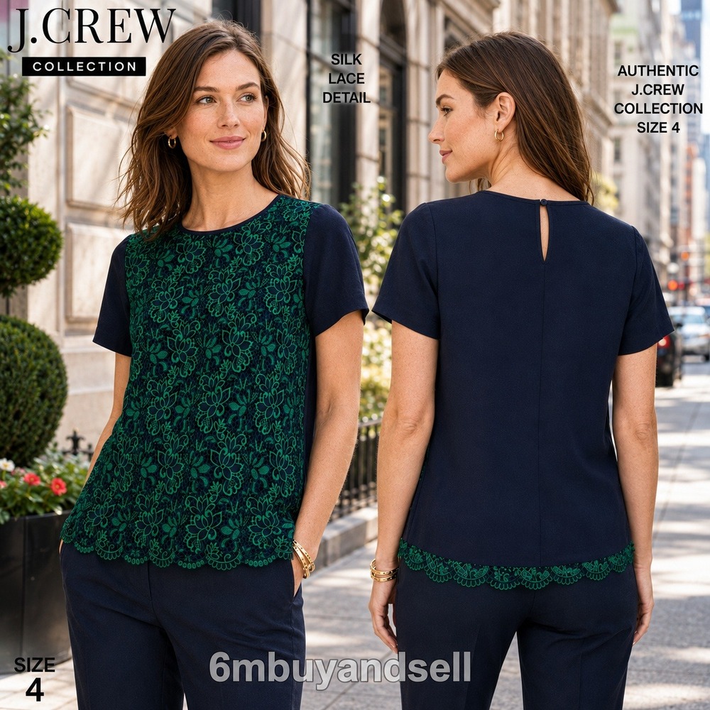 J. Crew Collection Navy Green Floral Lace Silk Sleeve Blouse Top 04232 Size 4